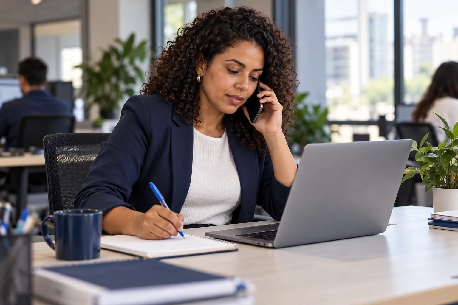 Analista de DP em uma conversa Profissional ao telefone com uma empresa cliente, anotando algo ao lado do notebook. Luz natural, ambiente real, sem pose.