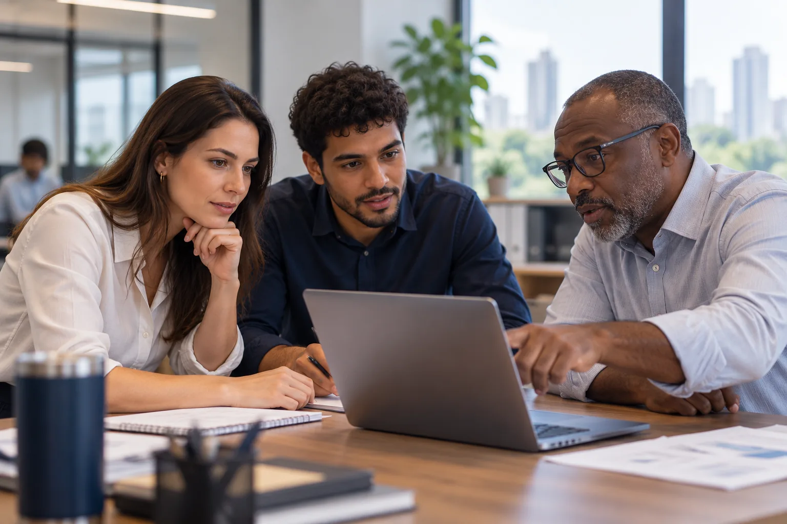 Equipe distribuindo o trabalho Três pessoas em torno de uma mesa, uma delas apontando para a tela. Conversa real, diversidade natural, luz de escritório.