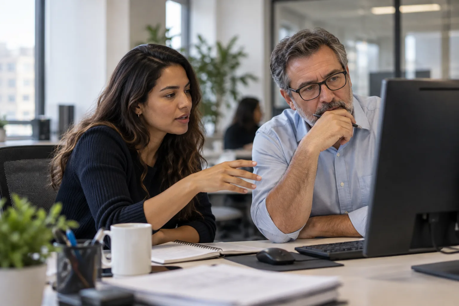 Equipe em um dia normal de trabalho Duas pessoas diante de um computador comum, conversando sobre um cliente. Escritório real, luz natural, nada futurista.