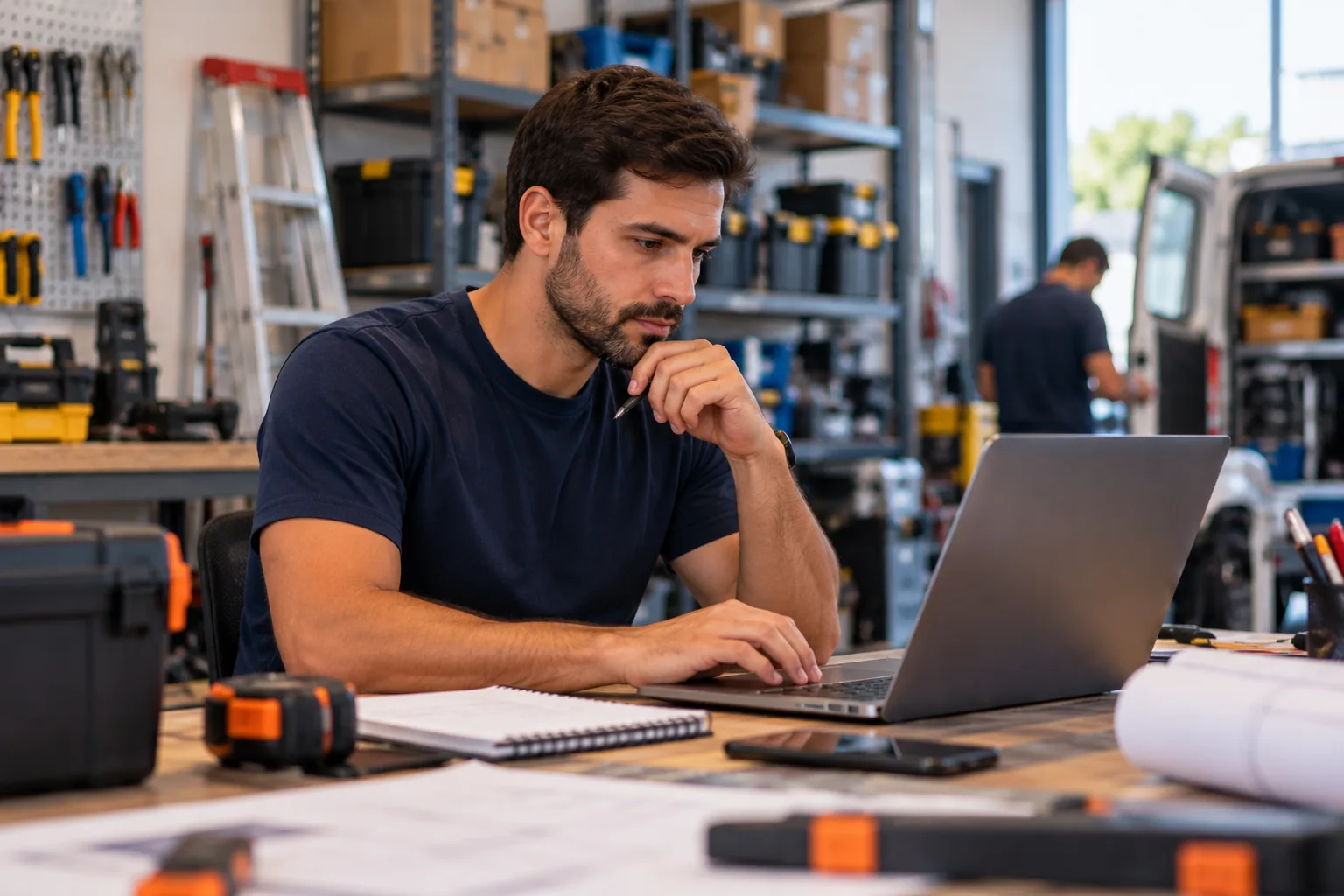 Dono de uma empresa de serviços conferindo a agenda da equipe no notebook, no próprio depósito.